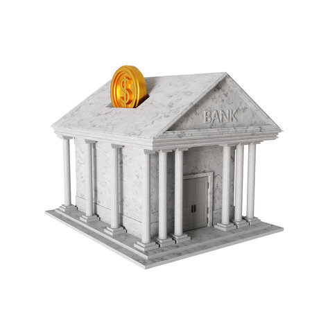 Bank building with golden coin isolated on white background. Money savings concept. 3d-renderingの写真素材