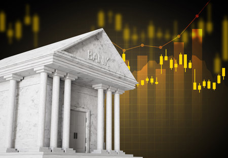 Bank building with with stock graph. Business and finance. Banking and investment concept. 3d-renderingの写真素材