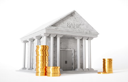 Bank building with golden coins isolated on white background. 3d-renderingの写真素材