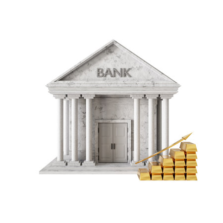 Bank building and gold bars with arrow pointing up. Business financial concept. 3d-renderingの写真素材