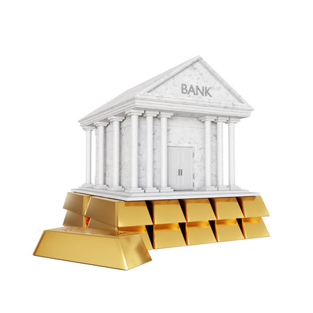 Bank building standing on gold bars. Business financial concept. 3d-renderingの写真素材