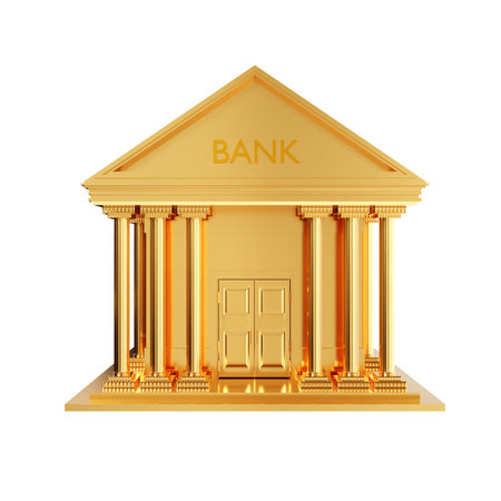 Golden bank building isolated on white background. Bank service concept. 3d-renderingの写真素材