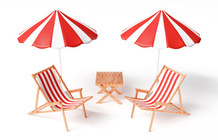 Two striped deck chairs with table isolated on white background. 3d-renderingの写真素材