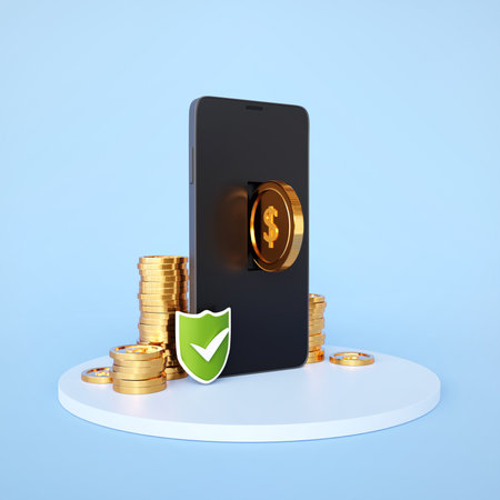 Smartphone with golden coins and shield on blue background. Online mobile banking phone app concept. 3d-renderingの写真素材