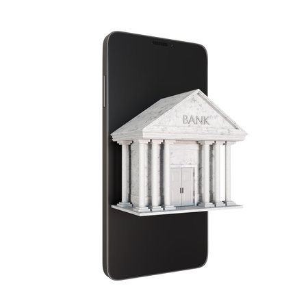 Internet banking concept. Smartphone with bank building isolated on white background. 3d-renderingの写真素材