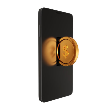 Smartphone with golden coin isolated on white background. Online wallet concept. 3d-renderingの写真素材