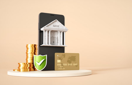 Online mobile banking phone app concept. Smartphone with bank building, golden coins and credit card. 3d-renderingの写真素材