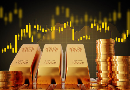 Gold trading, gold bars and coins with stock graph chart stock. Business and finance concept. 3d-renderingの写真素材
