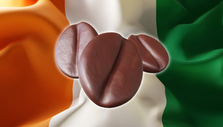 Ivory Coast flag with roasted coffee beans. Coffee export concept. 3d-renderingの写真素材