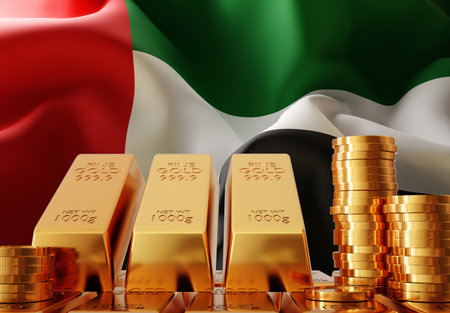 Golden bullions on background of United Arab Emirates flag. Gold reserve concept. 3d-renderingの写真素材