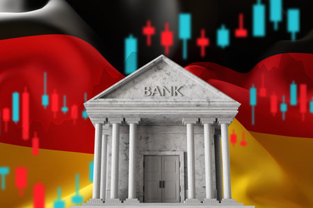 Bank building on Germany flag background with stock graph. Germany economy and business.の写真素材
