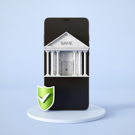Online mobile banking phone app concept. Smartphone with bank building and shield. Safety payment conceptの写真素材