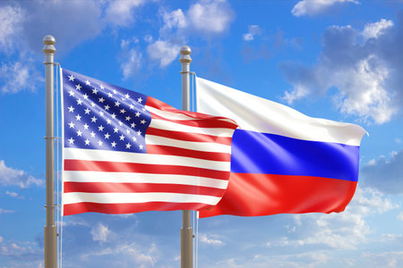 Russia and USA flags waving in the windの写真素材