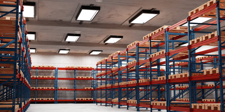 Interior of empty warehouse. Racks pallets shelves. Distribution warehouseの写真素材