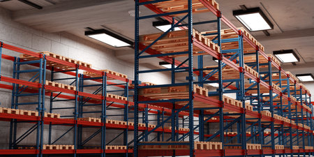 Interior of empty warehouse. Racks pallets shelves. Distribution warehouseの写真素材
