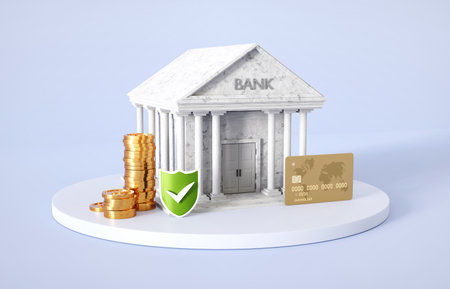 Bank building with golden coins and credit card on blue background. Money transaction or saving concept.の写真素材