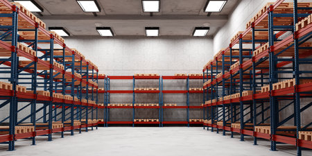 Interior of empty warehouse. Racks pallets shelves. Distribution warehouseの写真素材