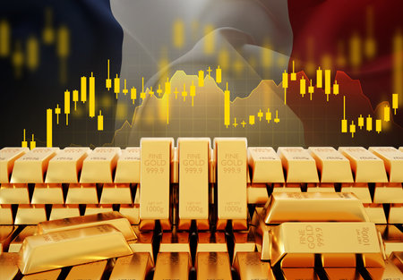 Gold bullions with France flag with stock graph chart stock. Business and finance. Gold reserve conceptの写真素材