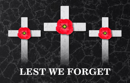 Crosses with poppy flower on a stone background. Lettering - Lest We Forget. Concept of Poppy Day, Anzac Day. 3d-renderingの写真素材