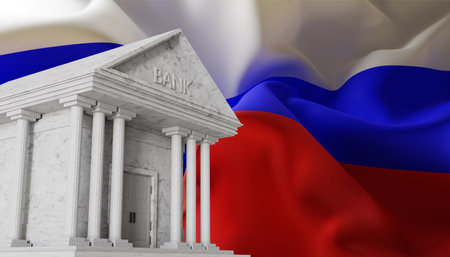 Bank building with Russian flag. Banking system of Russia. 3d-renderingの写真素材