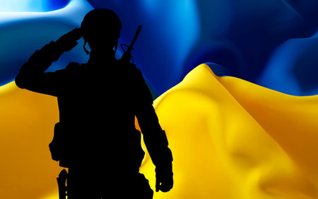 Silhouette of a soldier with Ukraine flag. Armed Force of Ukraine. 3d-renderingの写真素材