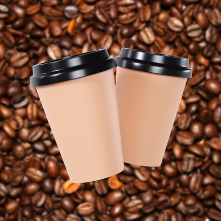 Disposable coffee cups on background of blurred coffee beans. 3d-renderingの写真素材