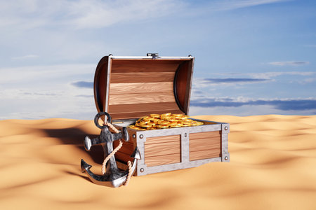 Chest with treasures and ship anchor with rope on sand. 3d-renderingの写真素材