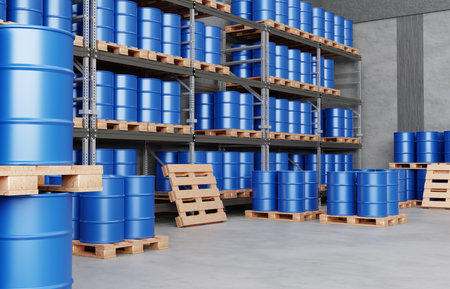 Blue barrel drums are stacked on wooden pallets on shelves. Concept of chemical industry, petroleum industry. 3d-renderingの写真素材