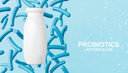 Bottle of yogurt with probiotics. Probiotic cells. Yogurt containing lactobacillus. 3d-renderingの写真素材