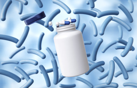 Probiotic cells with open bottle and pills. Human microbiome concept. 3d-renderingの写真素材