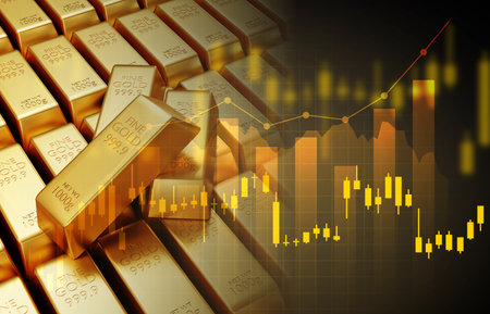Gold trading, gold bars with stock graph chart stock. Business and finance concept. 3d-renderingの写真素材