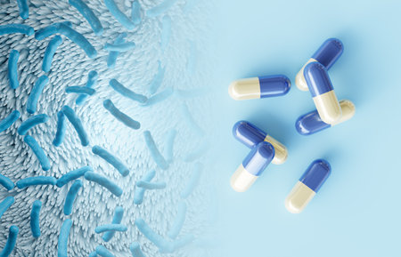 Probiotics Lactobacillus acidophilus. Pills with human microbiome. 3d-renderingの写真素材