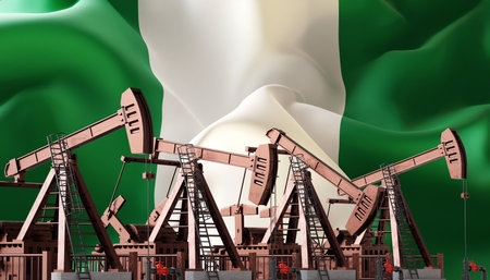 Oil pumpjacks on background of Nigeria flag. Oil industry concept. 3d-renderingの写真素材