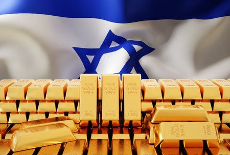 Gold bullions with Israeli flag. Gold reserve concept. 3d-renderingの写真素材