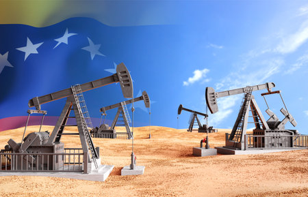 Oil pumpjacks with Venezuela flag. Oil industry concept.の写真素材