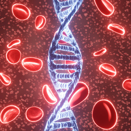 Human red blood cells and blue DNA. Medical healthcare concept. 3d-renderingの写真素材