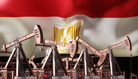 Oil pumpjacks with Egypt flag. Oil industry concept. 3d-renderingの写真素材