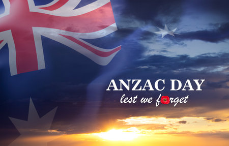 Australia flag against the sunset. Anzac Day concept. Lest We Forgetの写真素材