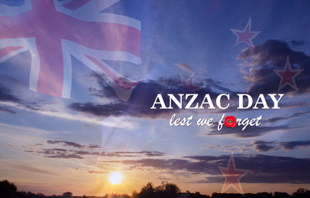 New Zealand flag against the sunset. Anzac Day concept. Lest We Forgetの写真素材