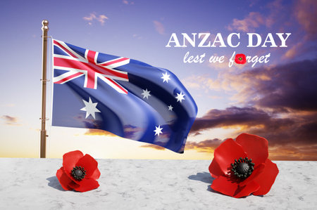 Red poppy flowers laying on a stone desk against the sunset with Australia flag. Remembrance Day, Anzac Day conceptの写真素材