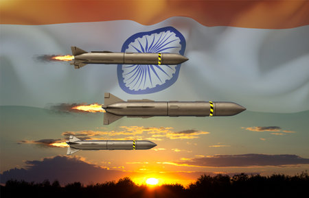 The missiles against the sunset with India flagの写真素材