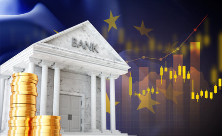 Bank building with European Union flag. Crisis in European Union concept. 3d-renderingの写真素材