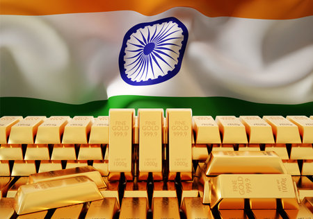 Golden bullions with India flag. Gold Reserve concept. 3d-renderingの写真素材