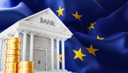 Bank building with European Union flag. Crisis in European Union concept. 3d-renderingの写真素材