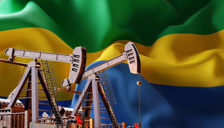 Oil pumpjacks on background of Gabon flag. Oil industry concept. 3d-renderingの写真素材