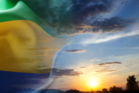 Flag of Gabon against the sunset. National Holidays conceptの写真素材