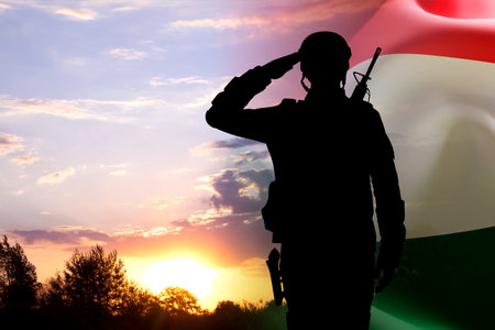 Silhouette of a saluting soldier against the sunset with Hungary flag. National Holidays conceptの写真素材