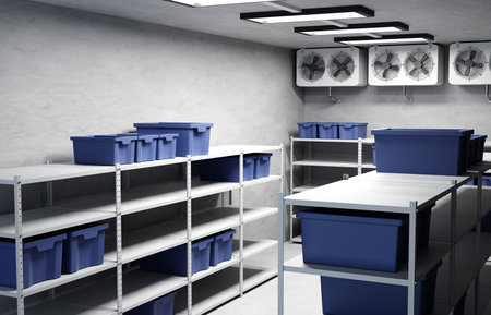 Refrigeration warehouse for food. Metal shelves frozen foods with boxes. 3d-renderingの写真素材