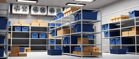Refrigeration warehouse for food. Metal shelves with boxes. 3d-renderingの写真素材