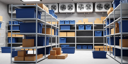 Warehouse with metal shelves and storage boxes.の写真素材
